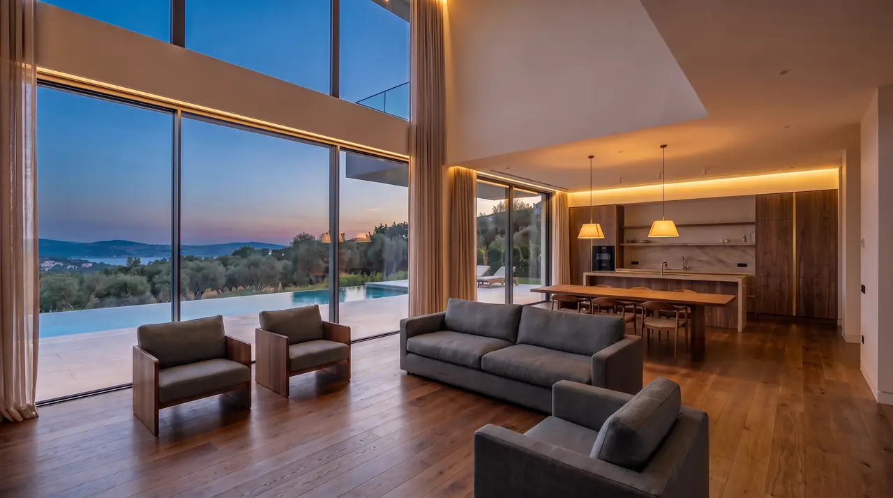 Çift yükseklikte villa salonunun 3D görselleştirmesi: Koyu Ceviz malzeme seti, akşam ışığı