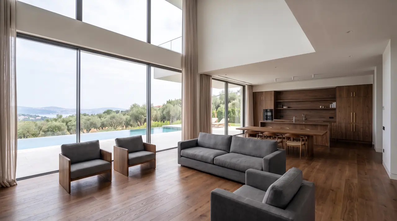 Çift yükseklikte villa salonunun 3D görselleştirmesi: Koyu Ceviz malzeme seti, gündüz ışığı