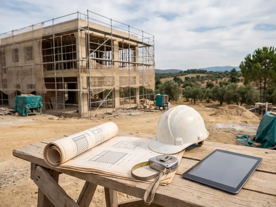 Şantiye masasında açık proje paftaları, baret, şerit metre ve tablet; arkada iskeleli bina karkası