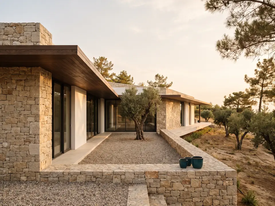 Taş duvarlı, ahşap saçaklı tek katlı çağdaş villa ve zeytin ağaçlı çakıllı avlusu – mimari görselleştirme