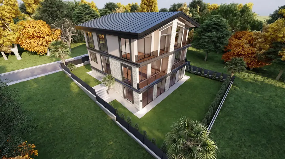 Ahşap Balkonlu Üç Katlı Ev – kuş bakışı, firmamızın tasarımından 3D görselleştirme