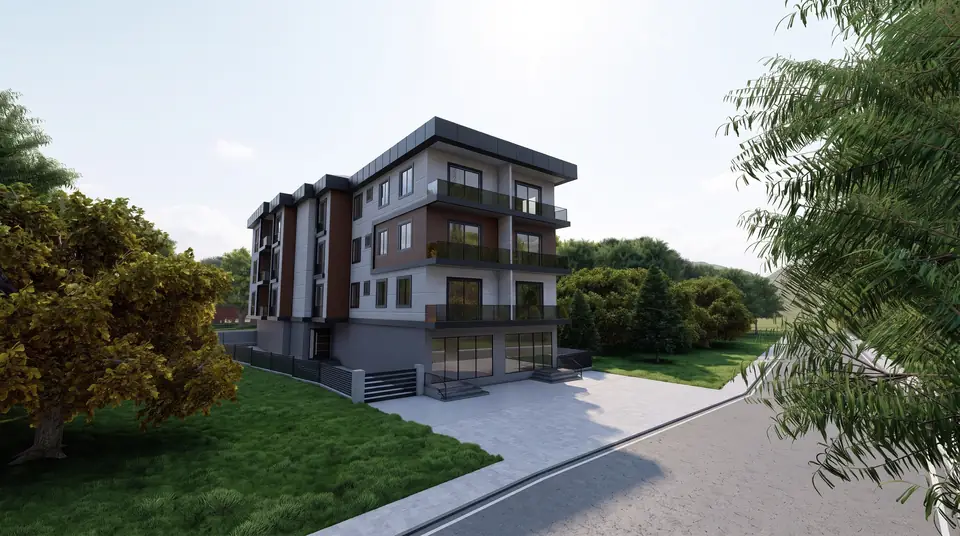 Ahşap Cepheli Apartman – köşe cephe, firmamızın tasarımından 3D görselleştirme