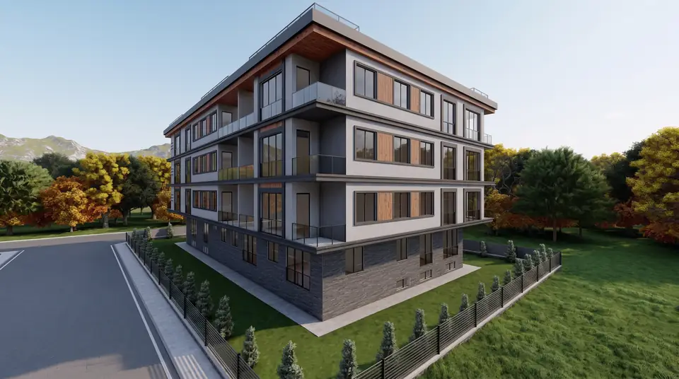Ahşap Detaylı Apartman – köşe cephe, firmamızın tasarımından 3D görselleştirme