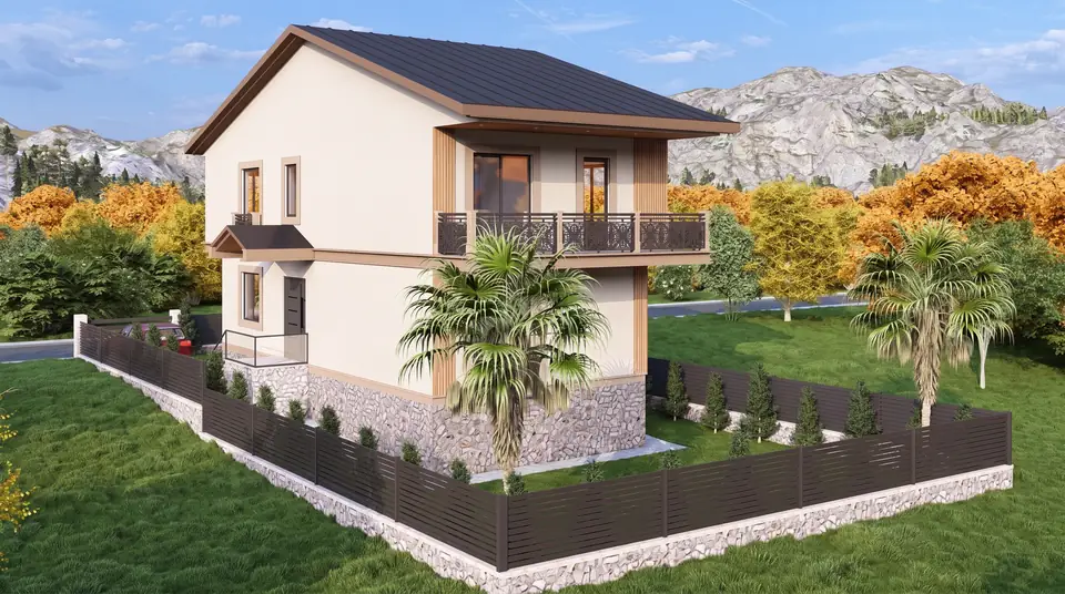 Ahşap detaylı, beşik çatılı villanın köşe cephesi – firmamızın tasarımından 3D görselleştirme