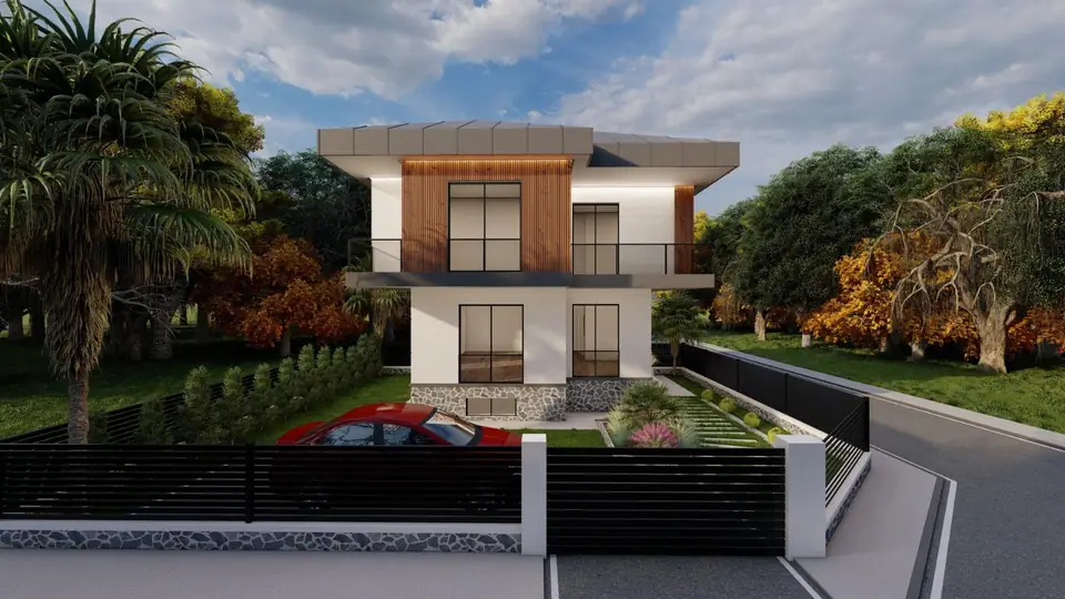 Ahşap Kaplamalı Modern Villa – ön cephe, firmamızın tasarımından 3D görselleştirme