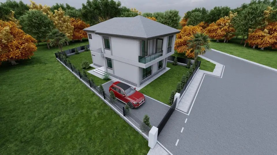 Cam Balkonlu Müstakil Ev – kuş bakışı, firmamızın tasarımından 3D görselleştirme