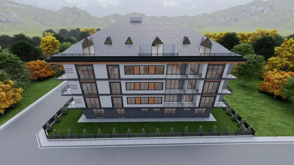 Çatı Pencereli Apartman – ön cephe, firmamızın tasarımından 3D görselleştirme