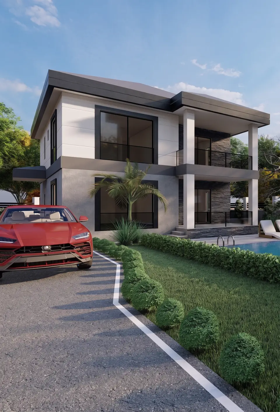 Havuzlu Modern Villa – giriş cephesi, firmamızın tasarımından 3D görselleştirme