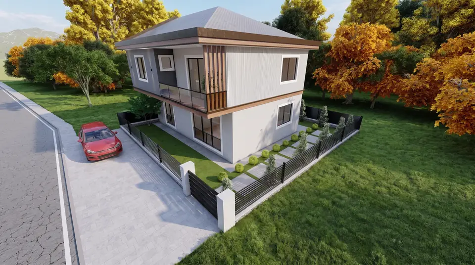 Kırma Çatılı İki Katlı Ev – balkon cephesi, firmamızın tasarımından 3D görselleştirme