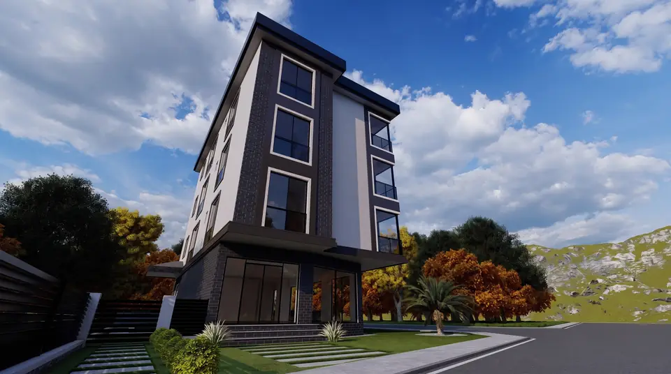 Koyu Cepheli Apartman – köşe cephe, firmamızın tasarımından 3D görselleştirme