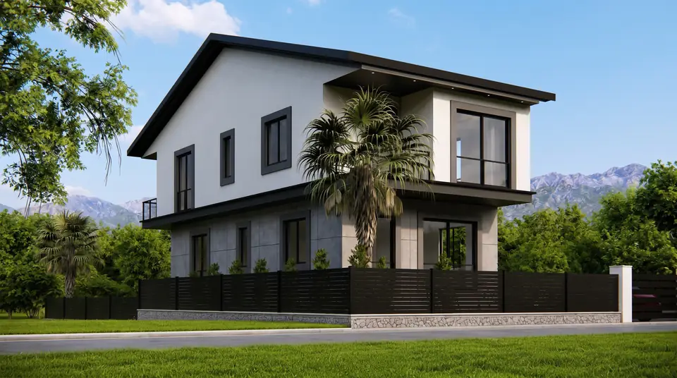 Beşik Çatılı Modern Villa – sokak cephesi, firmamızın tasarımından 3D görselleştirme