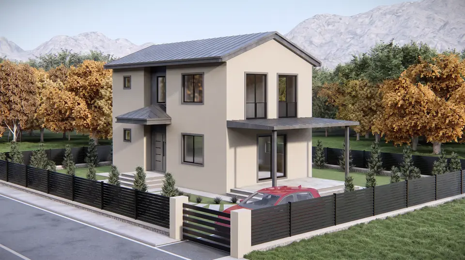 Sundurmalı Müstakil Ev – köşe cephe, firmamızın tasarımından 3D görselleştirme
