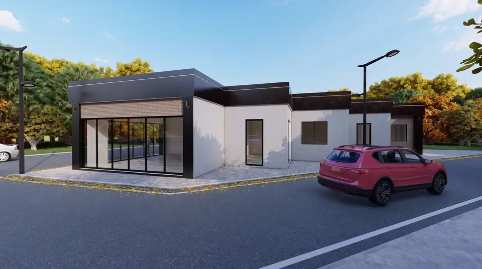 Tek Katlı Ticari Yapı – köşe cephe, firmamızın tasarımından 3D görselleştirme