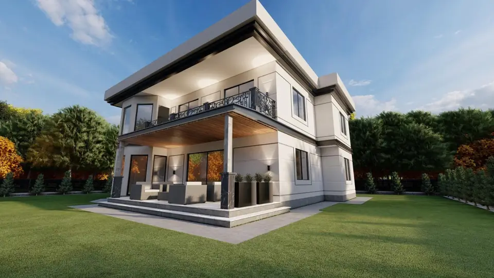 Teraslı Modern Villa – bahçe cephesi, firmamızın tasarımından 3D görselleştirme